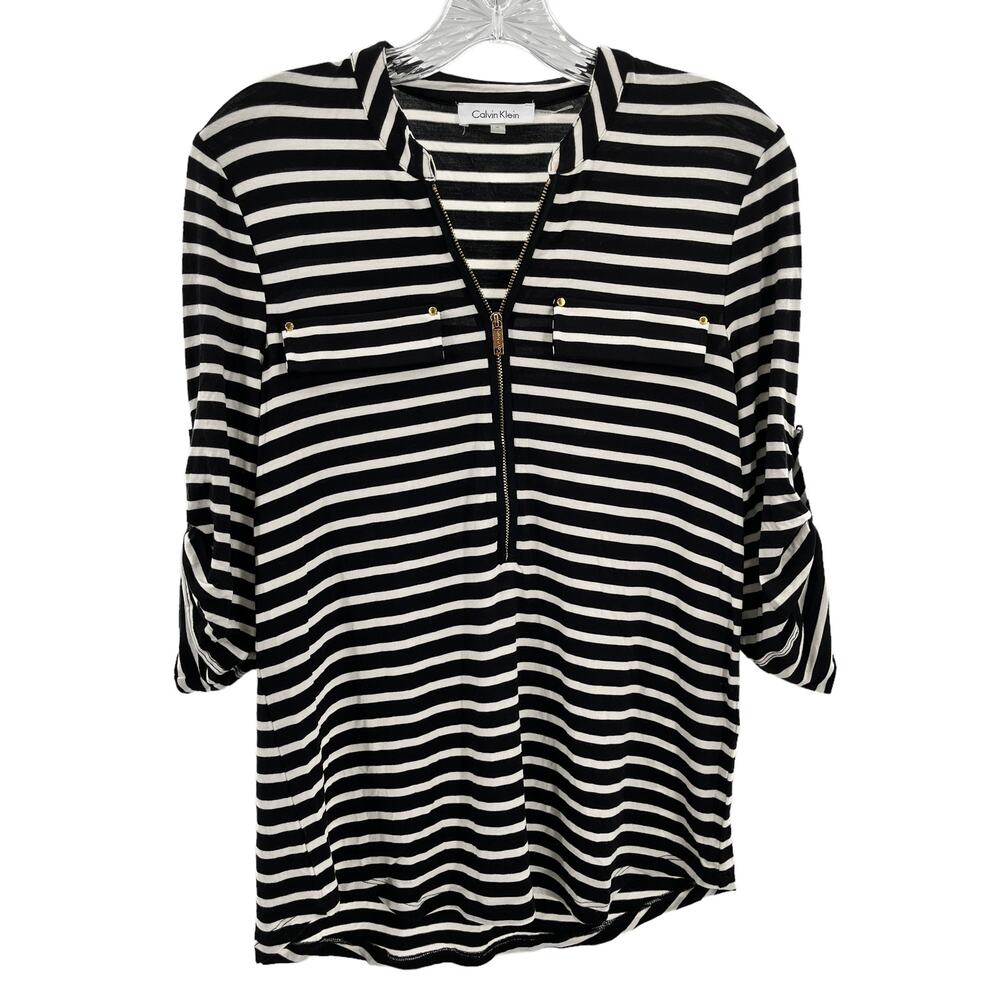 Calvin Klein Black & White Stripe Pullover 3/4 Sleeve Tunic Top Women Sz S